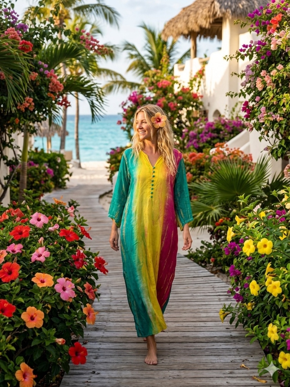 Soft Surroundings Size M 100% SilkVibrant Tie-Dye Maxi Caftan Dress